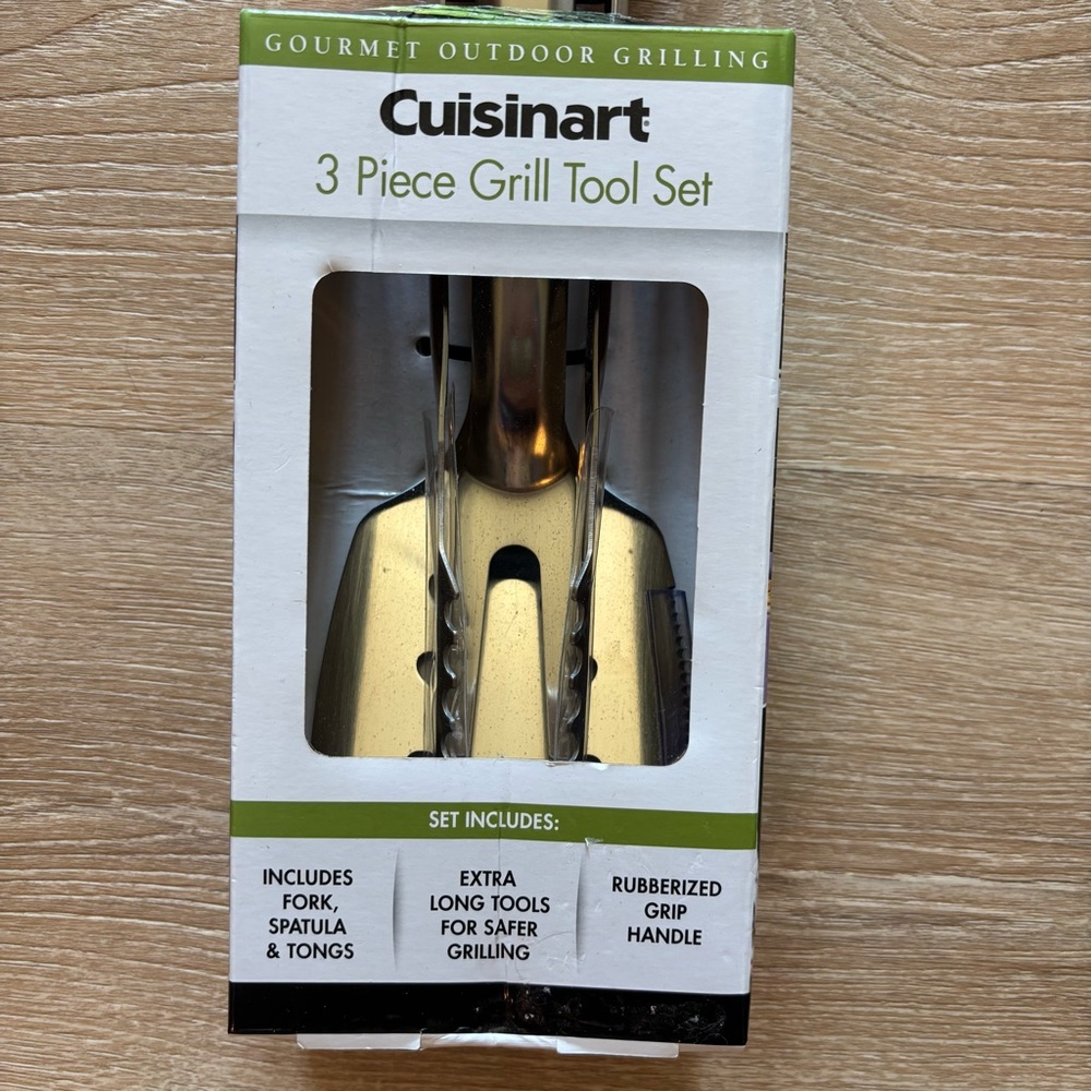 NEW Cuisinart 3 Piece Grill Tool Set Red Rubberized Handles Fork Spatula Tongs - Picture 2 of 7